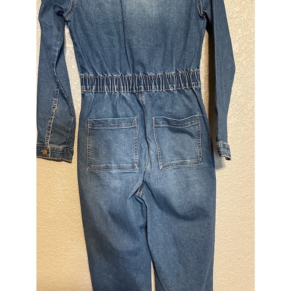 Celebrity Pink Womens Denim Straight leg Jumpsuit Dark Wash Elastic Waist XS - Picture 10 of 16